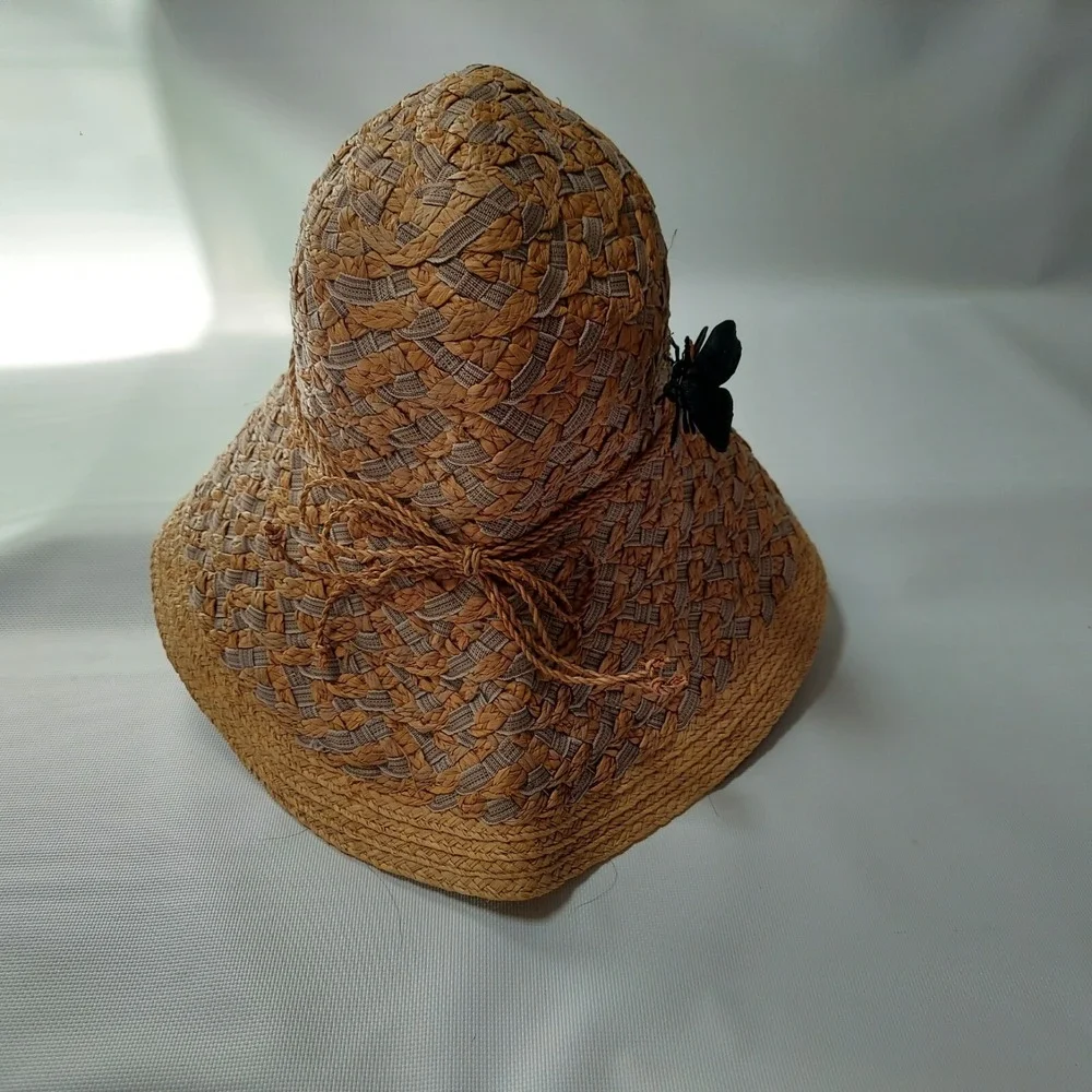 Betmar Women Strew Sun Hat One Size Tan Boho Raffia Butterfly Wide Brim Garden